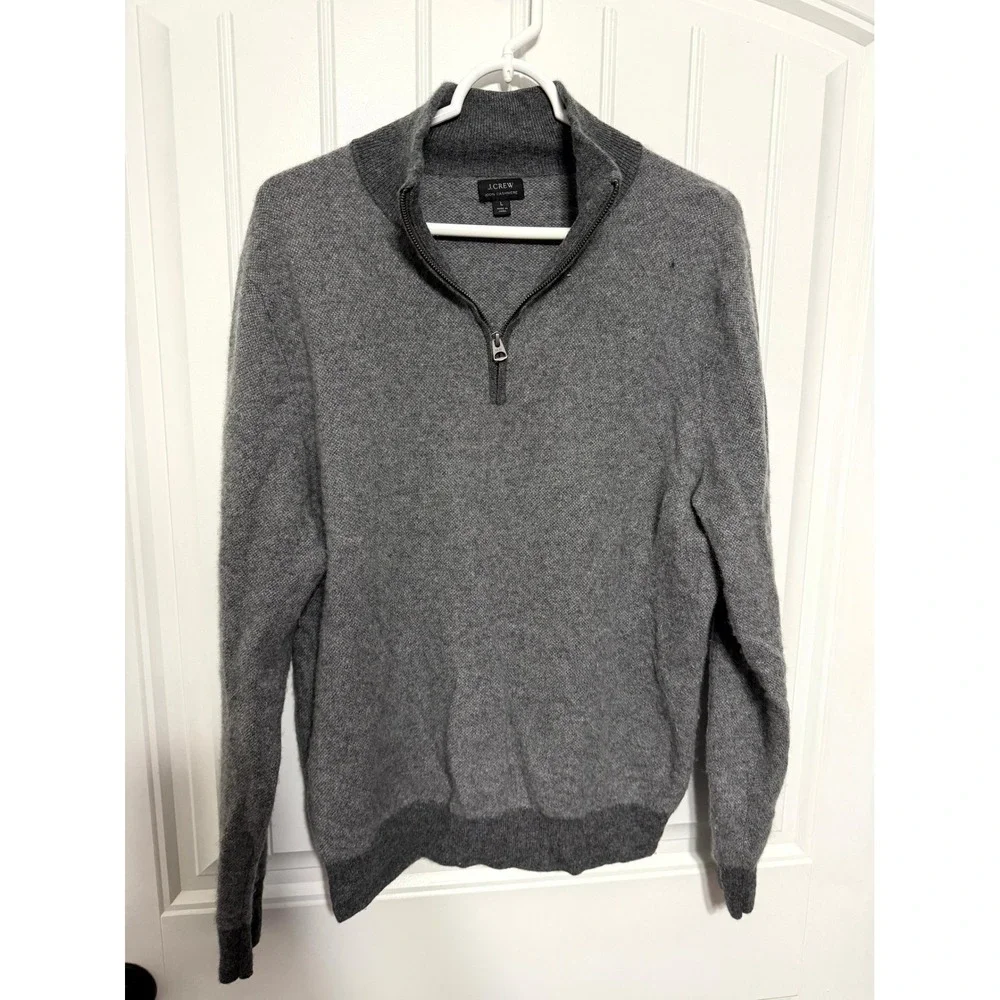 J. Crew Sweater Mens Large Grey 100% Cashmere Quarter-Zip Mock Neck Ribbed Trim